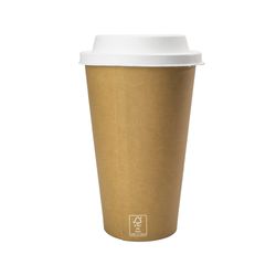 Copo de Papel na cor Kraft 500ml - FSC -  Parede Simples com Parede Simples com Tampa Capuccino Bagaço Vegetal 90mm